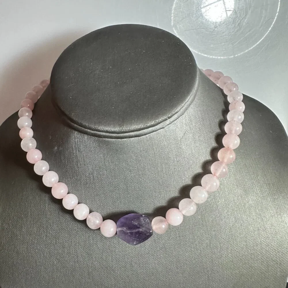 Genuine Amethyst Rose Quartz Necklace Choker Gift Natural Bohemian Hippie Purple - Picture 11 of 11